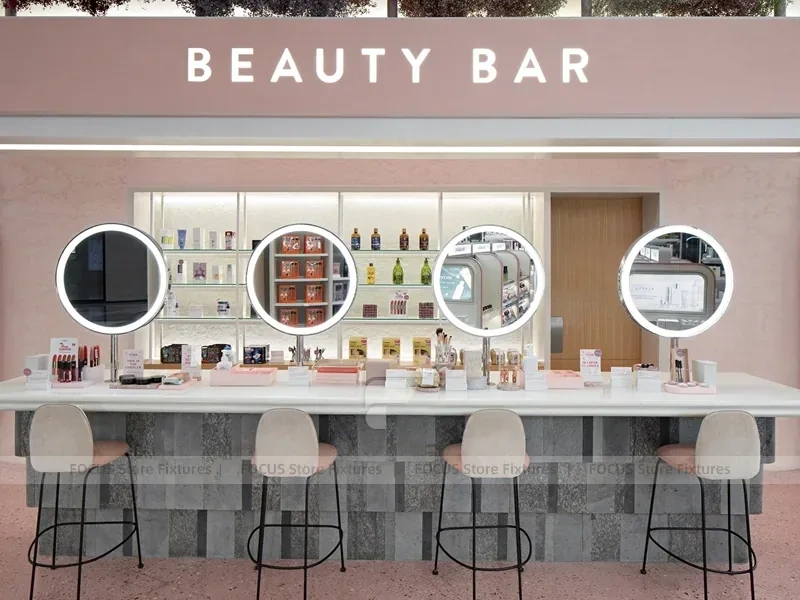 Beauty Bar Vanity Wall with Round Mirrors and Stools for Wig Shop