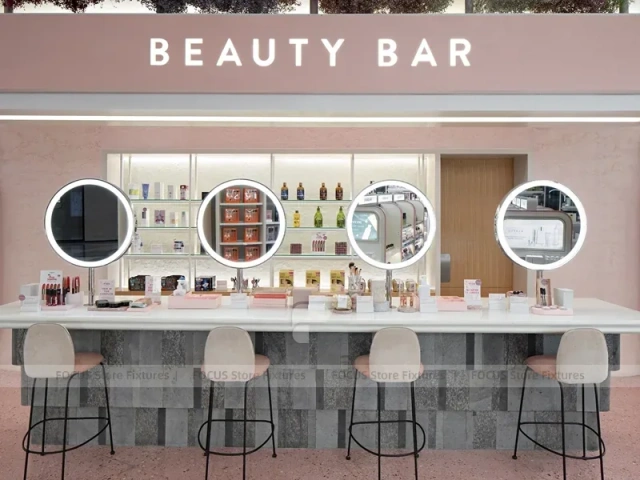 Beauty Bar Vanity Wall with Round Mirrors and Stools for Wig Shop