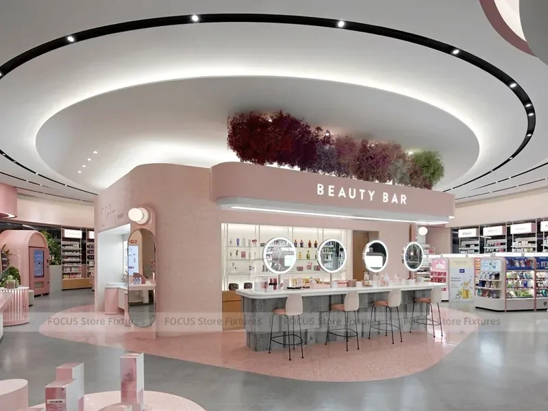 Beauty Bar Vanity Wall with Round Mirrors and Stools for Wig Shop