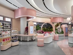 Beauty Bar Vanity Wall with Round Mirrors and Stools for Wig Shop