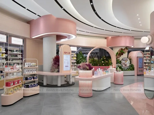 Beauty Bar Vanity Wall with Round Mirrors and Stools for Wig Shop