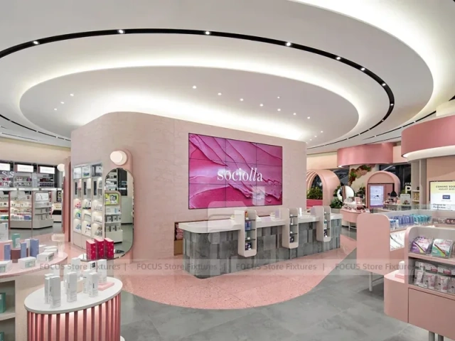 Beauty Bar Vanity Wall with Round Mirrors and Stools for Wig Shop