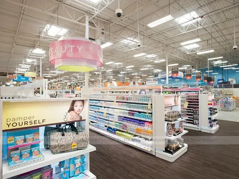 Beauty Supply Floor with Cylindrical Promo Tower and Gondolas for Wig Shop