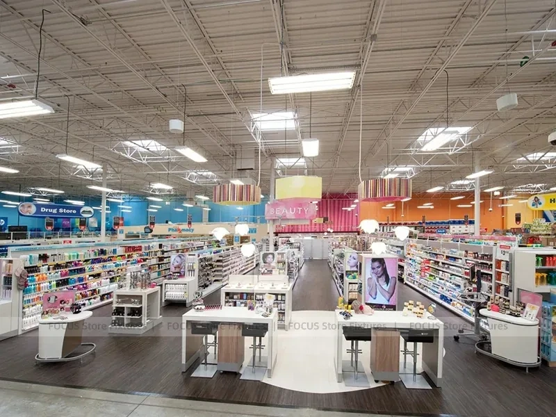 Beauty Supply Floor with Cylindrical Promo Tower and Gondolas for Wig Shop
