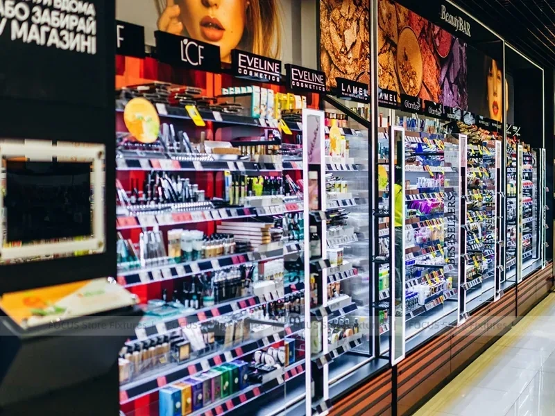Black Beauty Bar Wall Shelving with Illuminated Center Bays for Wig Shop