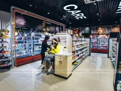 Black Beauty Bar Wall Shelving with Illuminated Center Bays for Wig Shop