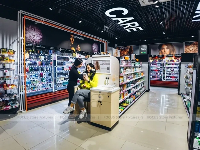 Black Beauty Bar Wall Shelving with Illuminated Center Bays for Wig Shop