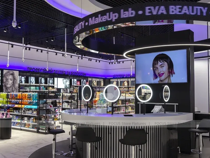 Black Ceiling Cosmetics Kiosk with Glass Display Counters for Wig Shop