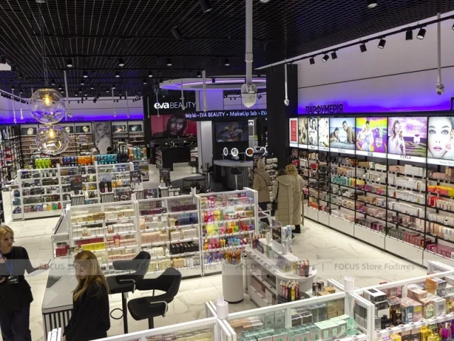 Black Ceiling Cosmetics Kiosk with Glass Display Counters for Wig Shop