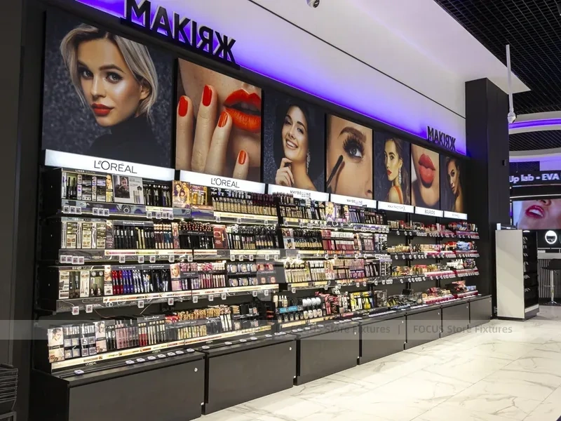 Black Ceiling Cosmetics Kiosk with Glass Display Counters for Wig Shop