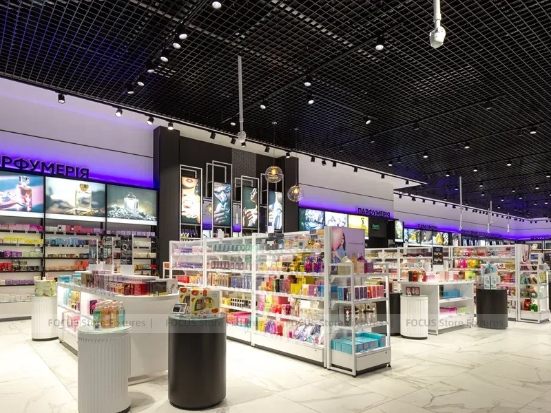 Black Ceiling Cosmetics Kiosk with Glass Display Counters for Wig Shop