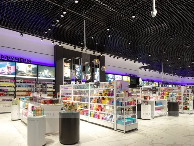 Black Ceiling Cosmetics Kiosk with Glass Display Counters for Wig Shop