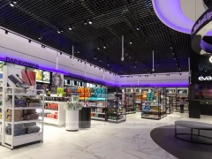 Black Ceiling Cosmetics Kiosk with Glass Display Counters for Wig Shop
