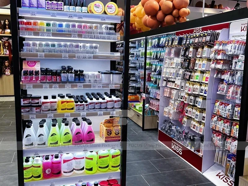 Black Framed Accessory and Beauty Supply Aisle Layout for Wig Shop