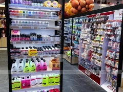 Black Framed Accessory and Beauty Supply Aisle Layout for Wig Shop