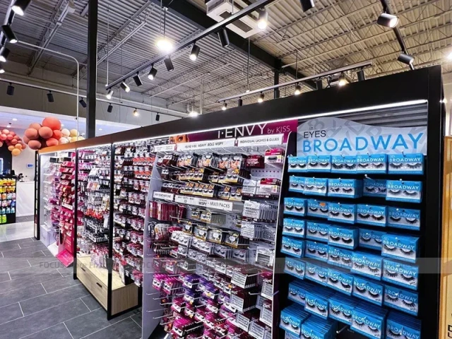 Black Framed Accessory and Beauty Supply Aisle Layout for Wig Shop