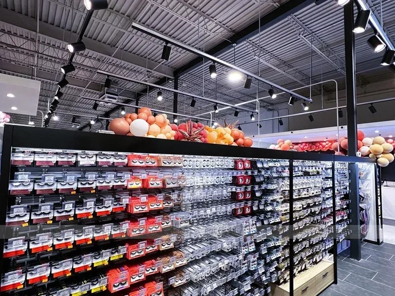 Black Framed Accessory and Beauty Supply Aisle Layout for Wig Shop