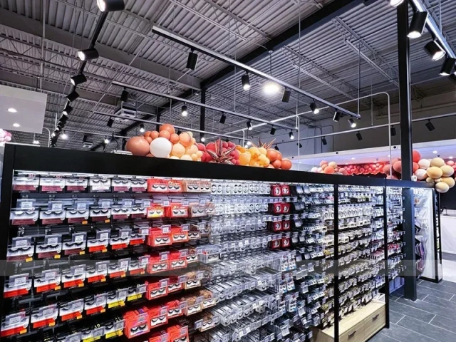 Black Framed Accessory and Beauty Supply Aisle Layout for Wig Shop