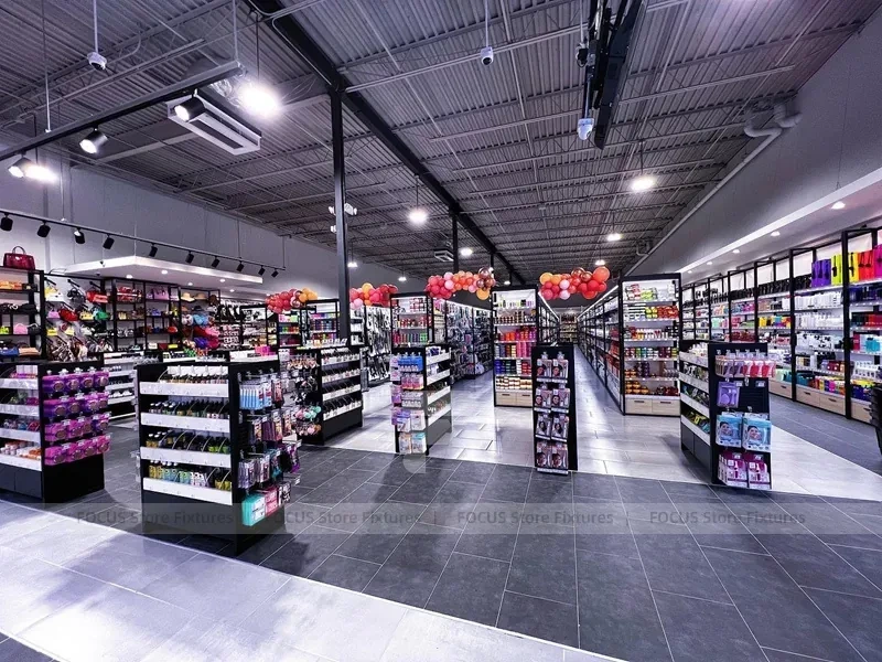 Black Framed Accessory and Beauty Supply Aisle Layout for Wig Shop