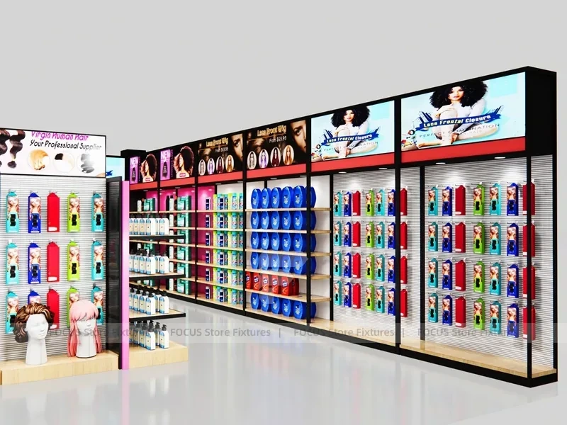 Black Framed Beauty Supply Corner Wall and Endcap System for Wig Shop