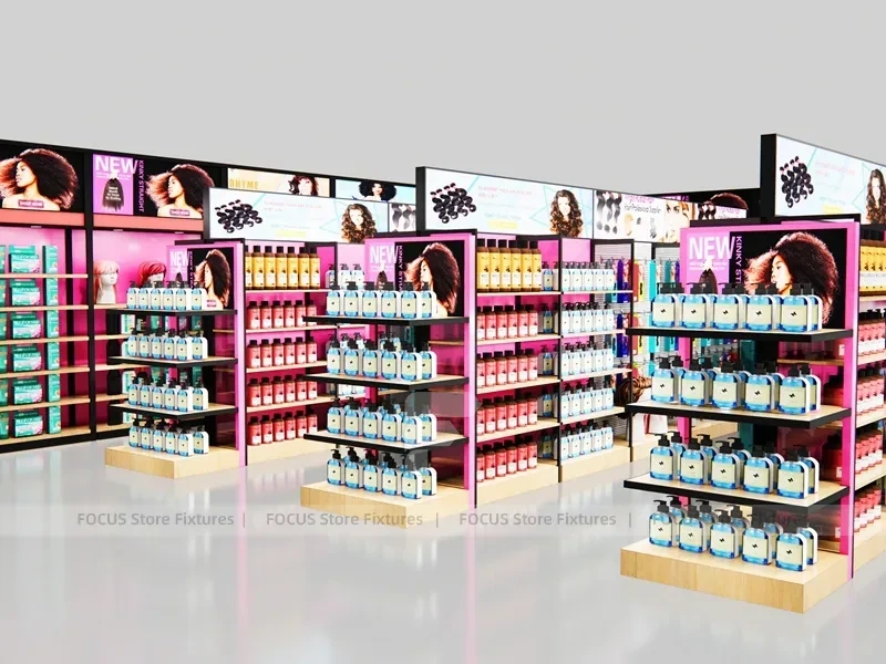 Black Framed Beauty Supply Corner Wall and Endcap System for Wig Shop