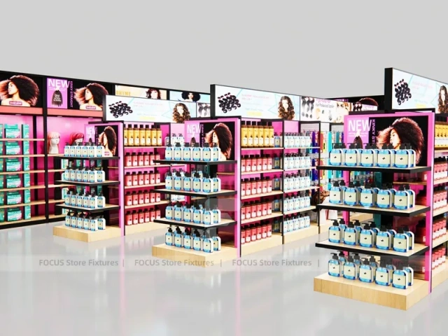 Black Framed Beauty Supply Corner Wall and Endcap System for Wig Shop