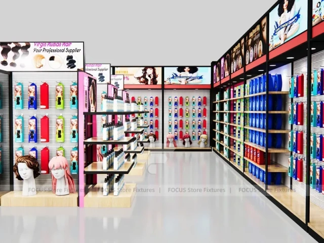 Black Framed Beauty Supply Corner Wall and Endcap System for Wig Shop