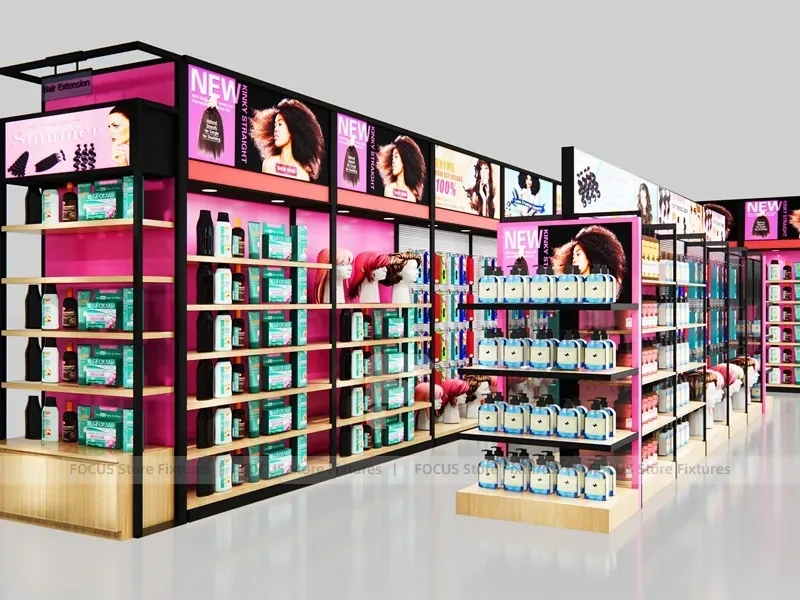 Black Framed Beauty Supply Corner Wall and Endcap System for Wig Shop