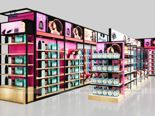 Black Framed Beauty Supply Corner Wall and Endcap System for Wig Shop