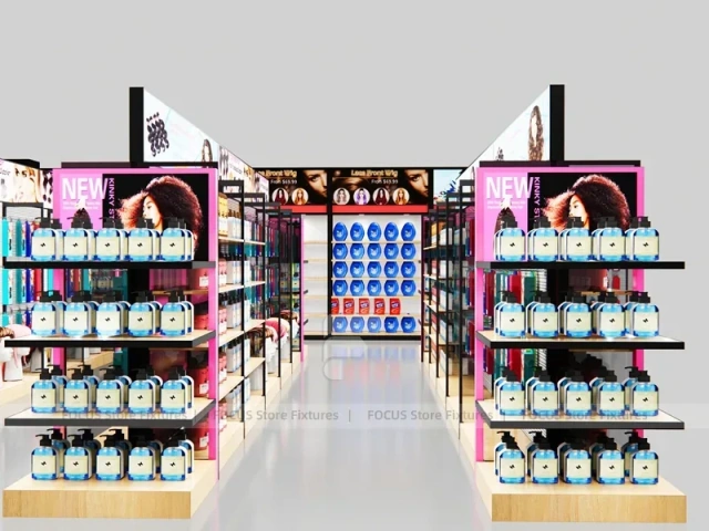 Black Framed Beauty Supply Corner Wall and Endcap System for Wig Shop