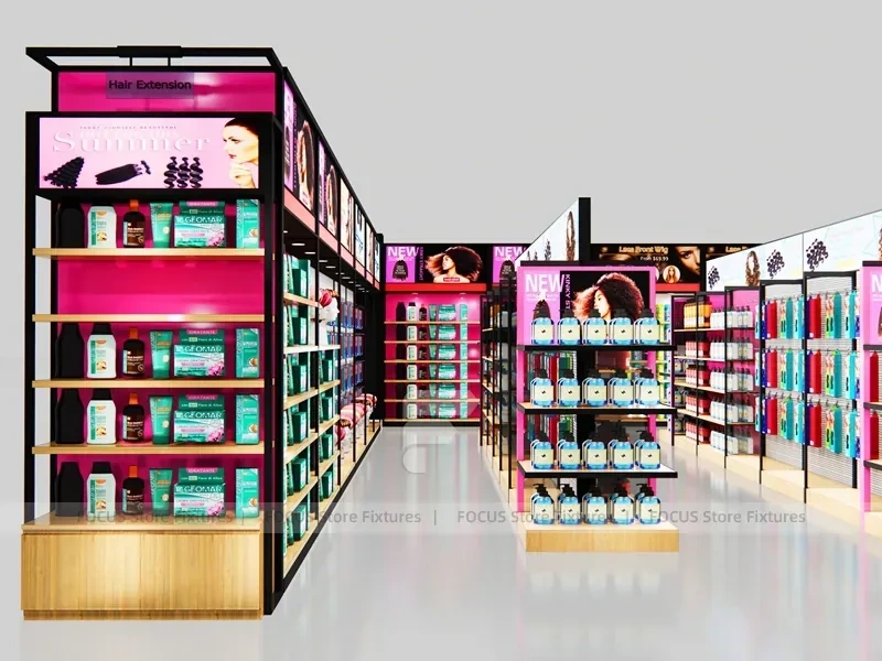 Black Framed Beauty Supply Corner Wall and Endcap System for Wig Shop