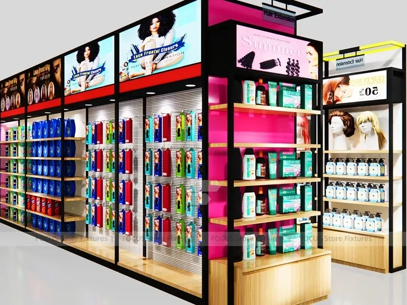 Black Framed Beauty Supply Store Corner with Wig Display and Shelving for Beauty Store