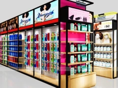 Black Framed Beauty Supply Store Corner with Wig Display and Shelving for Beauty Store