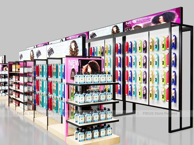Black Framed Beauty Supply Store Corner with Wig Display and Shelving for Beauty Store