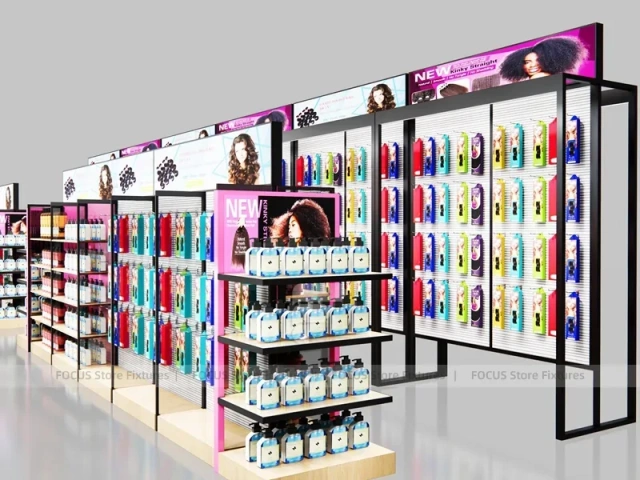 Black Framed Beauty Supply Store Corner with Wig Display and Shelving for Beauty Store