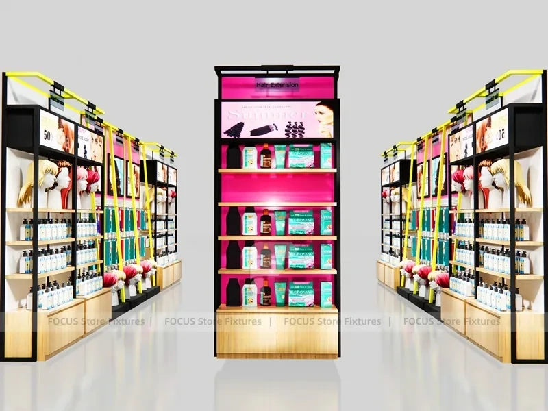 Black Framed Beauty Supply Store Corner with Wig Display and Shelving for Beauty Store