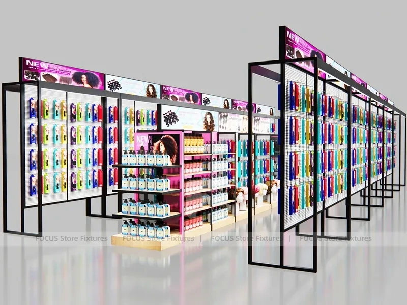 Black Framed Beauty Supply Store Corner with Wig Display and Shelving for Beauty Store