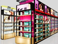 Black Framed Beauty Supply Store Corner with Wig Display and Shelving for Beauty Store