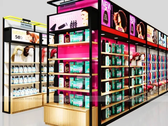 Black Framed Beauty Supply Store Corner with Wig Display and Shelving for Beauty Store