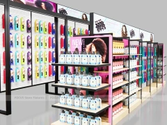 Black Framed Beauty Supply Store Corner with Wig Display and Shelving for Beauty Store