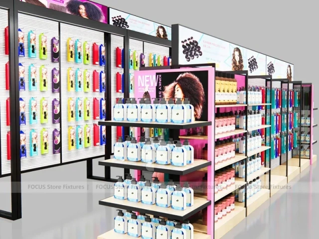 Black Framed Beauty Supply Store Corner with Wig Display and Shelving for Beauty Store