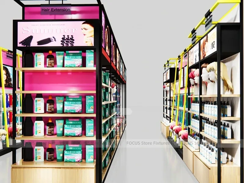Black Framed Beauty Supply Store Corner with Wig Display and Shelving for Beauty Store