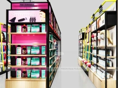 Black Framed Beauty Supply Store Corner with Wig Display and Shelving for Beauty Store