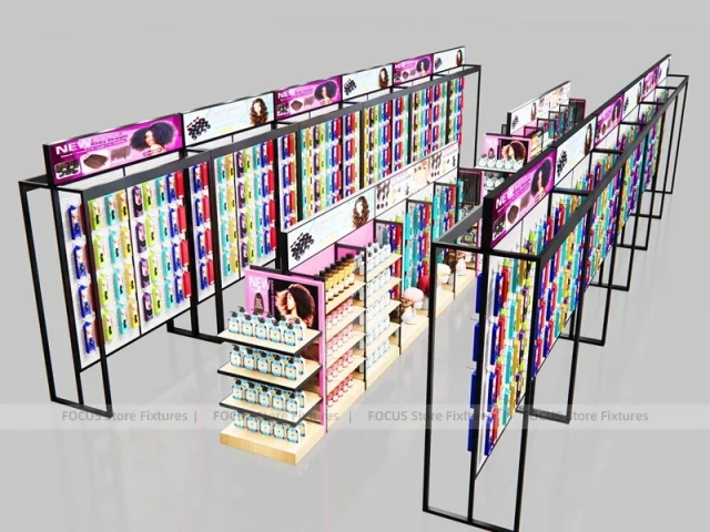 Black Framed Beauty Supply Store Corner with Wig Display and Shelving for Beauty Store