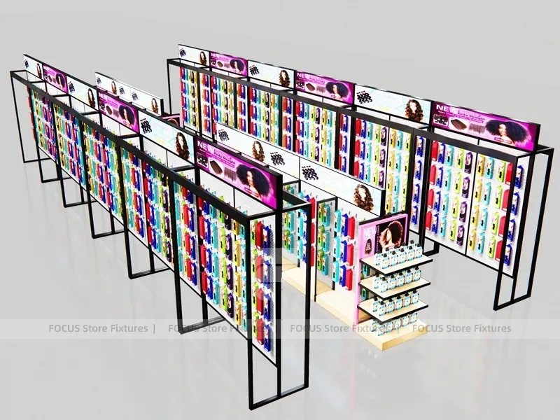 Black Framed Beauty Supply Store Corner with Wig Display and Shelving for Beauty Store