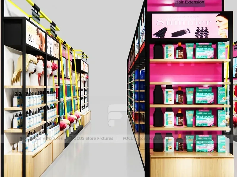 Black Framed Beauty Supply Store Corner with Wig Display and Shelving for Beauty Store
