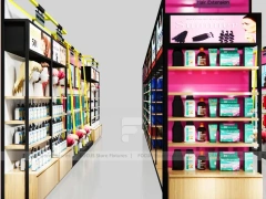 Black Framed Beauty Supply Store Corner with Wig Display and Shelving for Beauty Store