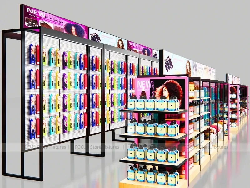 Black Framed Beauty Supply Store Corner with Wig Display and Shelving for Beauty Store