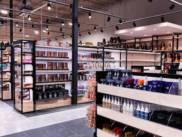 Black Framed Beauty Supply Store with Central Service Island for Wig Shop