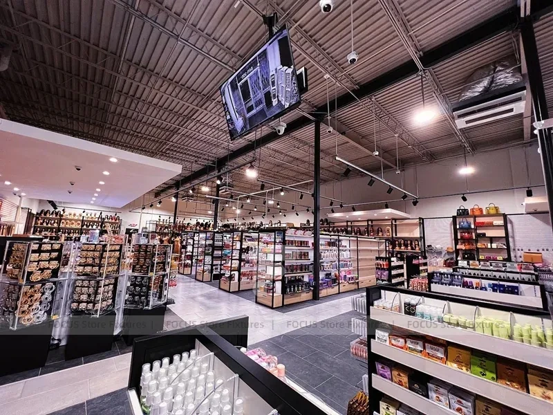 Black Framed Beauty Supply Store with Central Service Island for Wig Shop